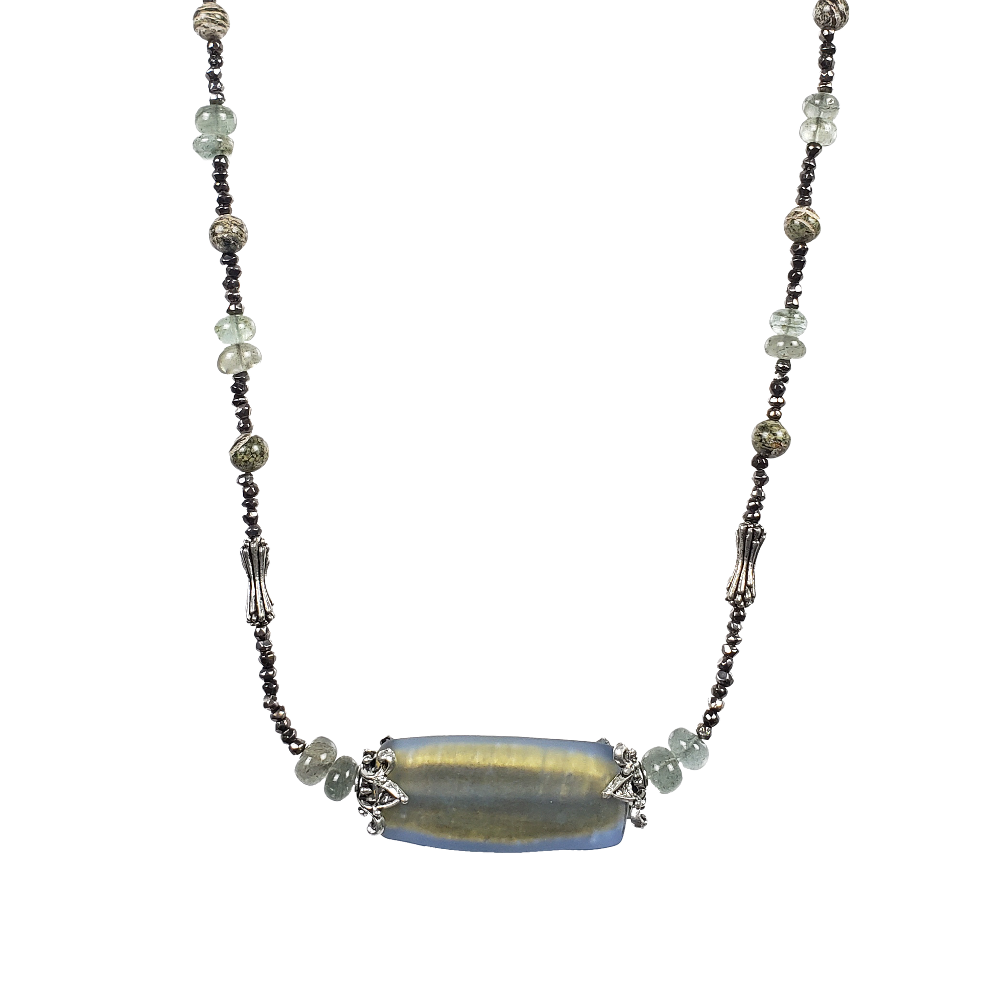 Zebra Stone, Moss Aquamarine, Venetian Glass & Pewter Necklace