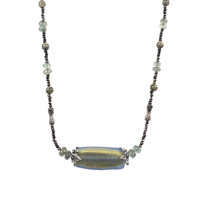 Zebra Stone, Moss Aquamarine, Venetian Glass & Pewter Necklace