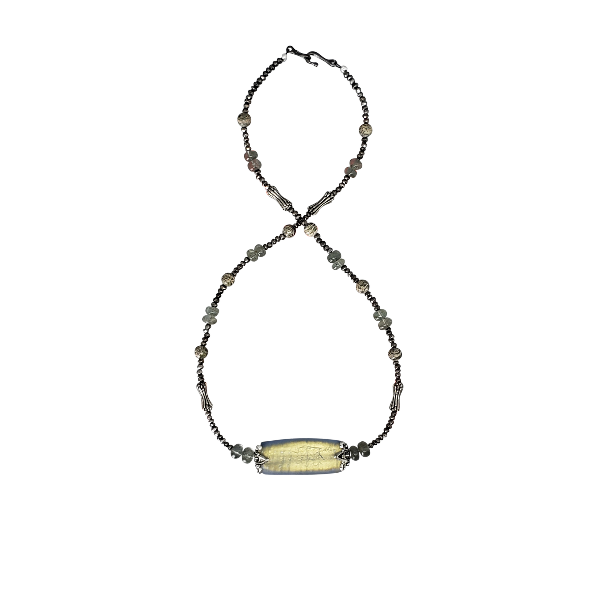 Zebra Stone, Moss Aquamarine, Venetian Glass & Pewter Necklace