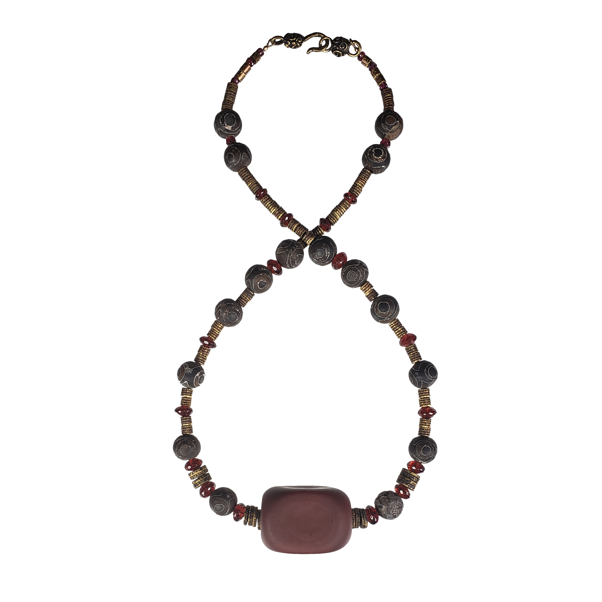 Garnet & Dzi w/ Italian Focal Bead Necklace