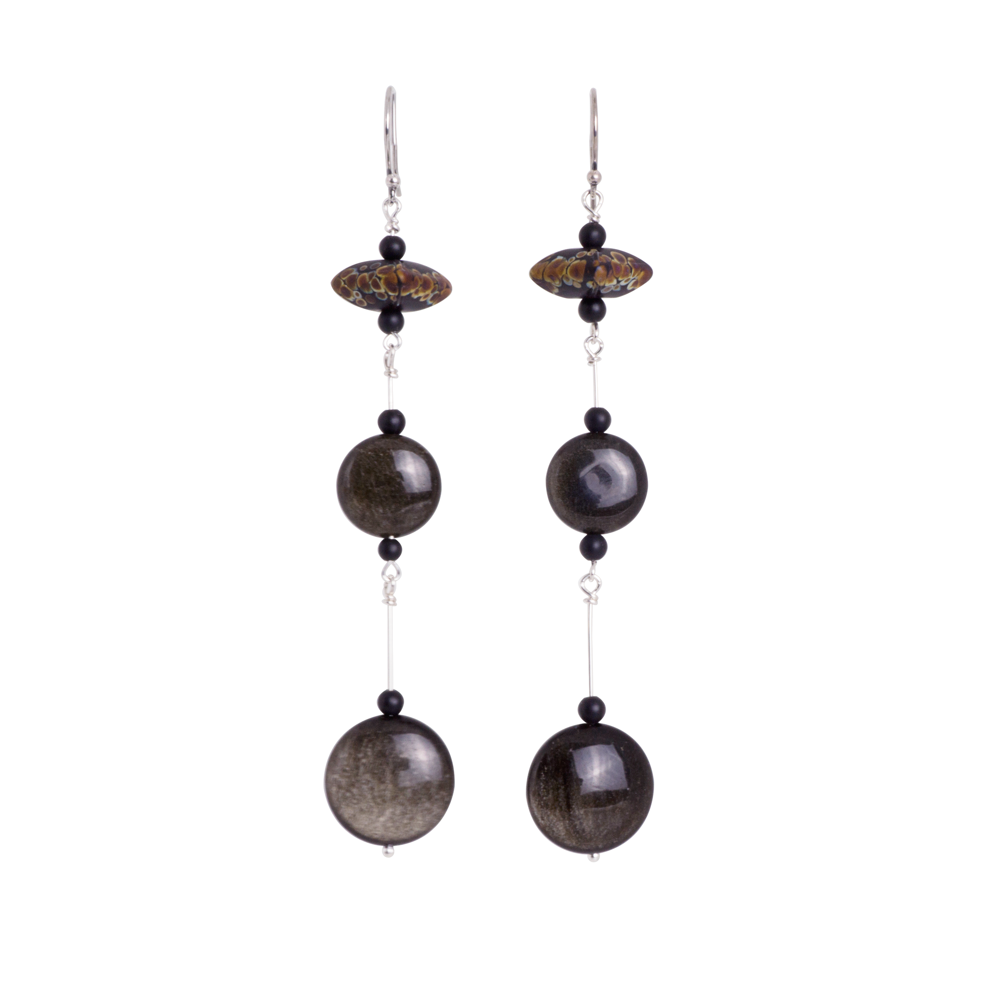 Obsidian and Art Glass Earrings: Long with Sterling Earwires
