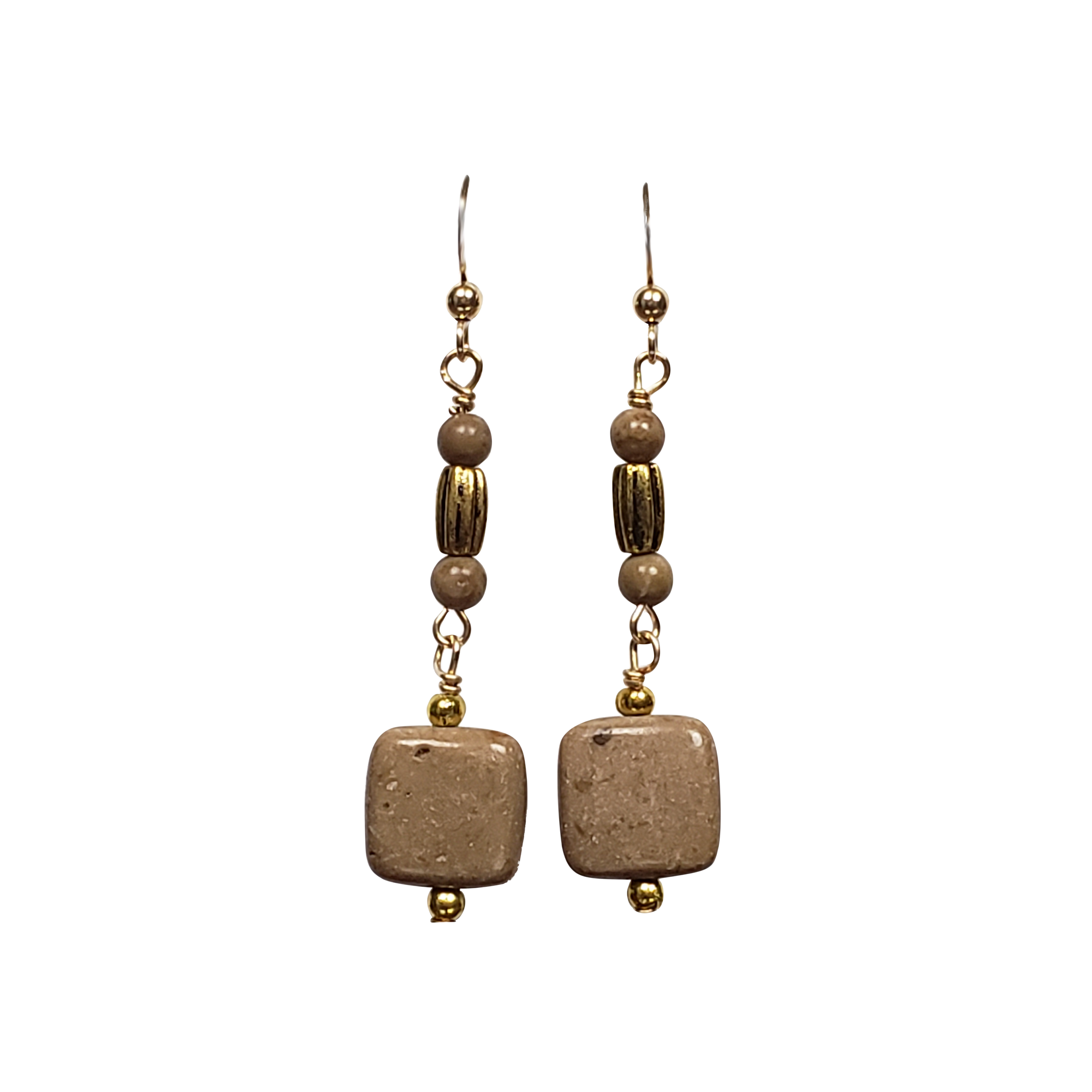River Stone & Brass Earrings -Square Stones