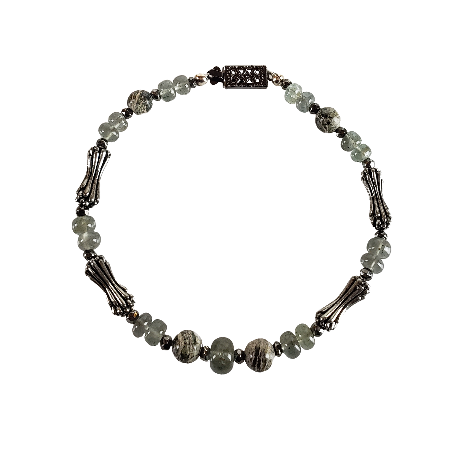 Zebra Stone, Moss Aquamarine & Pewter Bracelet