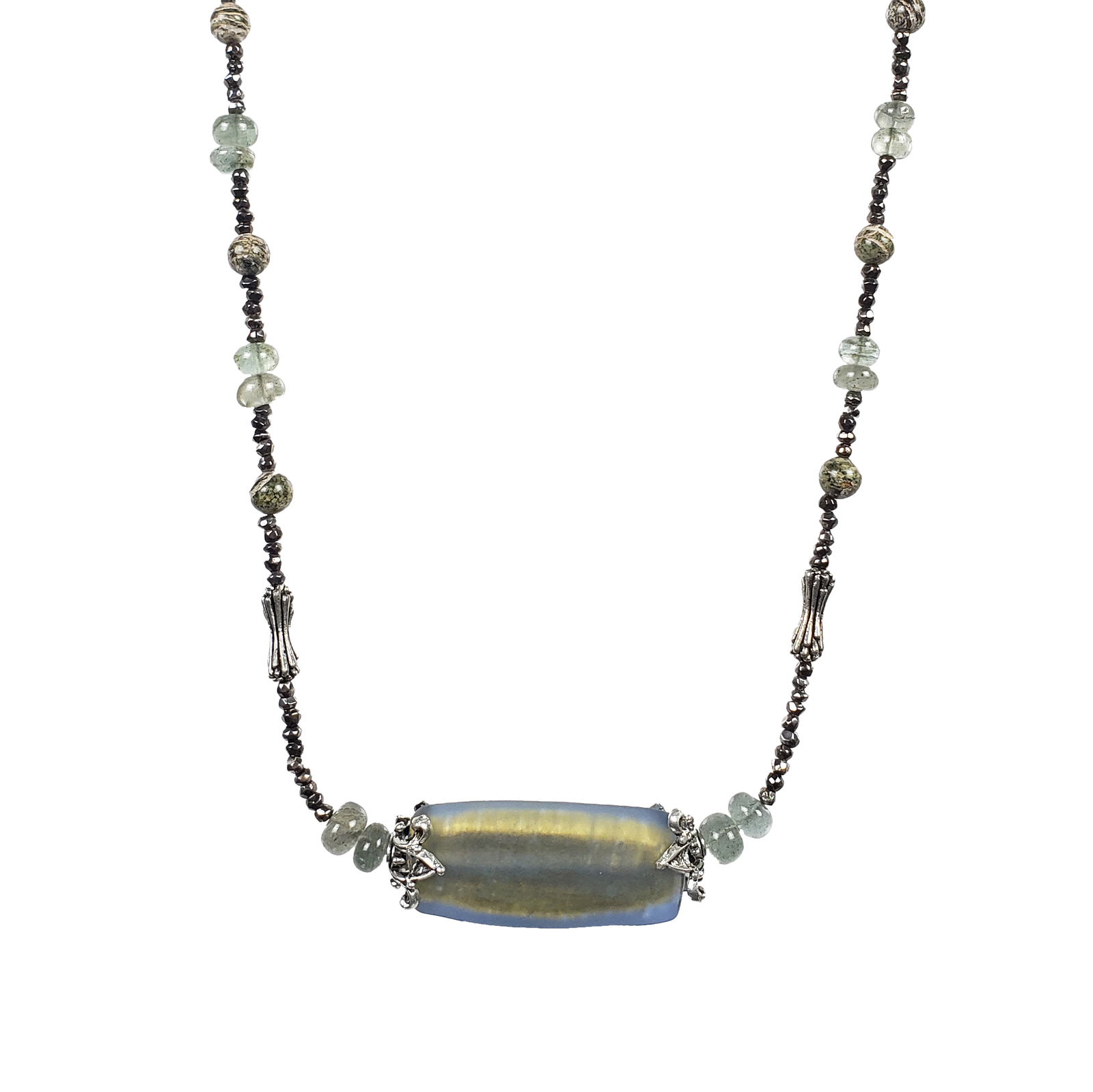 Zebra Stone, Moss Aquamarine, Venetian Glass & Pewter Necklace
