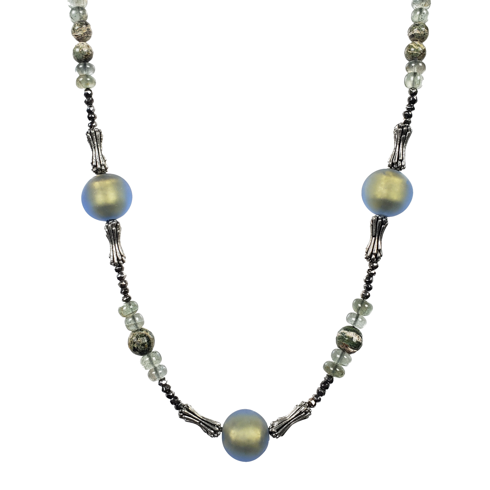 Zebra Stone, Moss Aquamarine, Venetian Glass & Pewter Necklace 2